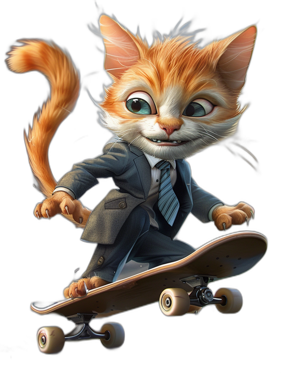 A ginger cat with blue eyes wearing a business suit and tie riding on a skateboard, in the style of Disney, as a full-body cartoon character shot against a black background, with detailed fur texture, digital art in the style of Pixar, concept design sheet, digital painting