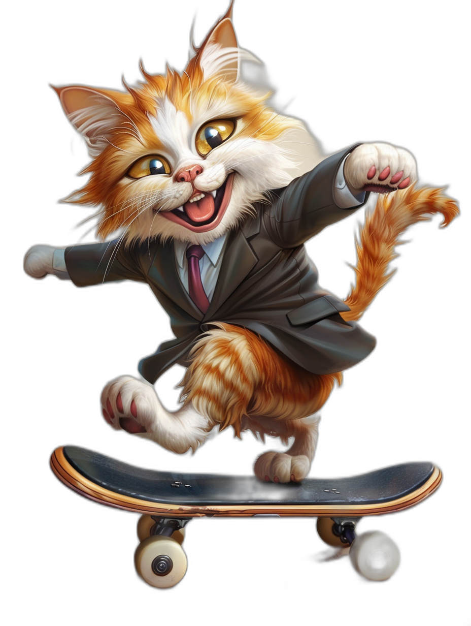 A cute smiling cat in a suit and tie riding on a skateboard, with a detailed background, in the style of fantasy art, with a cartoon realism style, colorful animation stills, showing the full body, on a black isolated background, in an action pose.