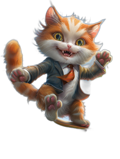 character design, cartoonish orange and white cat in suit with tie jumping on a snowboard against a black background, concept art in the style of Pixar studio, cute, detailed rendering, high resolution, high details