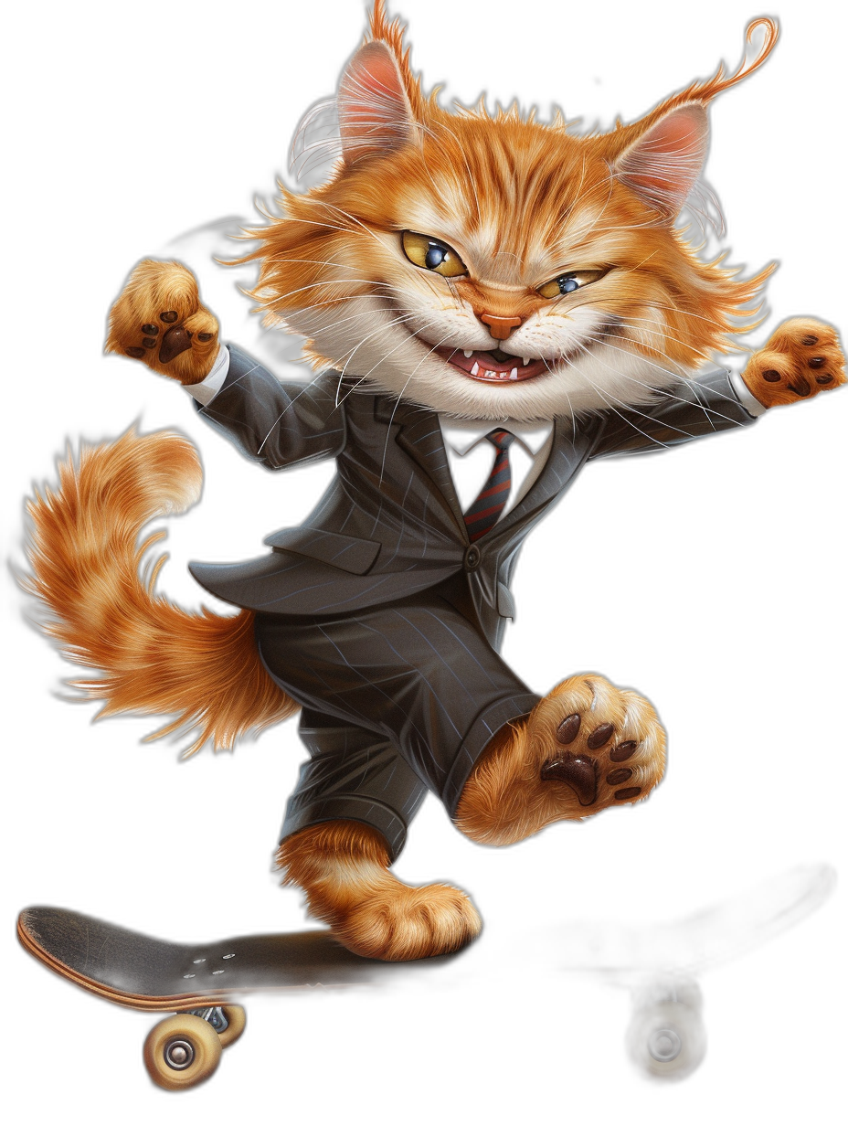 A happy smiling orange cat in a suit is doing skateboard tricks on a black background in the style of [Tiago Hoisel](https://goo.gl/search?artist%20Tiago%20Hoisel), with a caricature-like, playful style. The caricatures are depicted with photorealistic extreme detail, hyper realistic sharp quality and high definition.