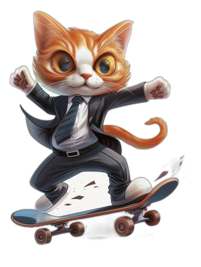 Cute orange and white cat in a suit doing skateboarding, in the style of a vector illustration with a black background, as a cute cartoon design, with detailed character illustrations, as a cute version of the world's most famous characters, using digital art techniques, at a high resolution.