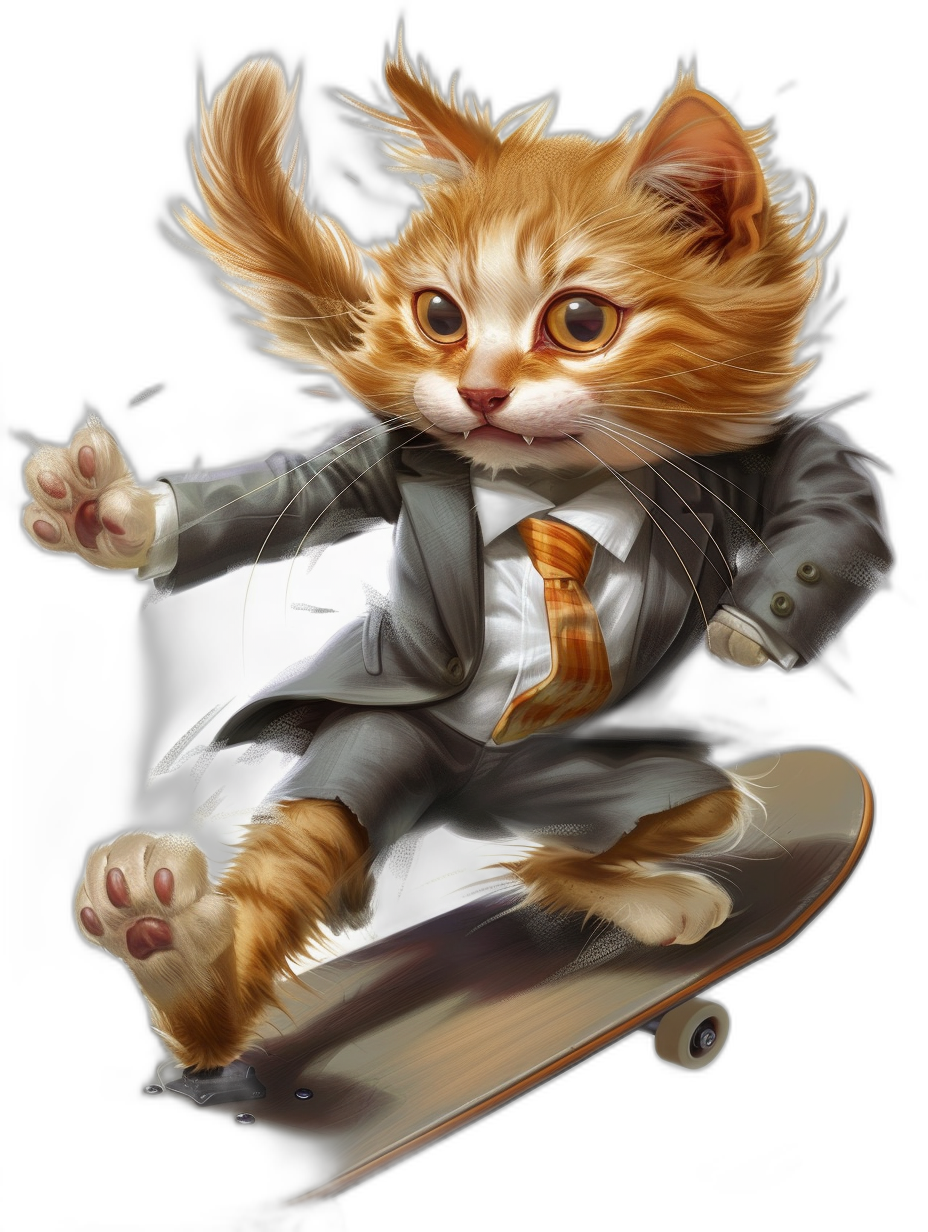 digital art of cute kitten , wear suit and tie, riding skateboard, black background, funny action