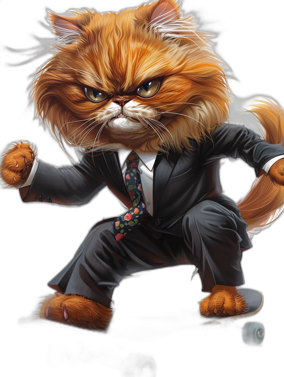 An angry orange cat in a suit and tie, on a skateboard, in the style of [Tiago Hoisel](https://goo.gl/search?artist%20Tiago%20Hoisel), caricature-like, playful caricatures. Sam Guhrii digital art full body on a black background.