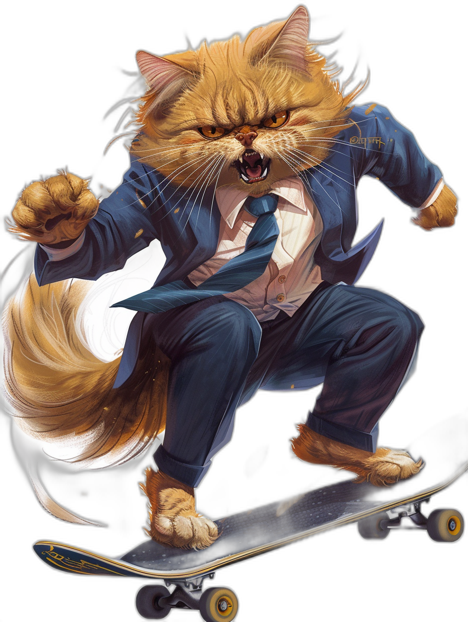 A full body shot of an angry orange cat wearing blue business suit and white tie, riding on skateboard. Black background. The art style is in the illustration by [Artgerm](https://goo.gl/search?artist%20Artgerm), [Loish](https://goo.gl/search?artist%20Loish) and [Moebius](https://goo.gl/search?artist%20Moebius).