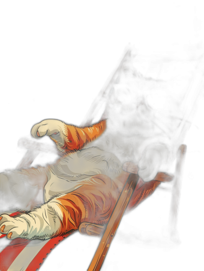 A large white and orange cat laying on its back in an open chair, vector art, digital illustration, dark background, in the style of fantasy.