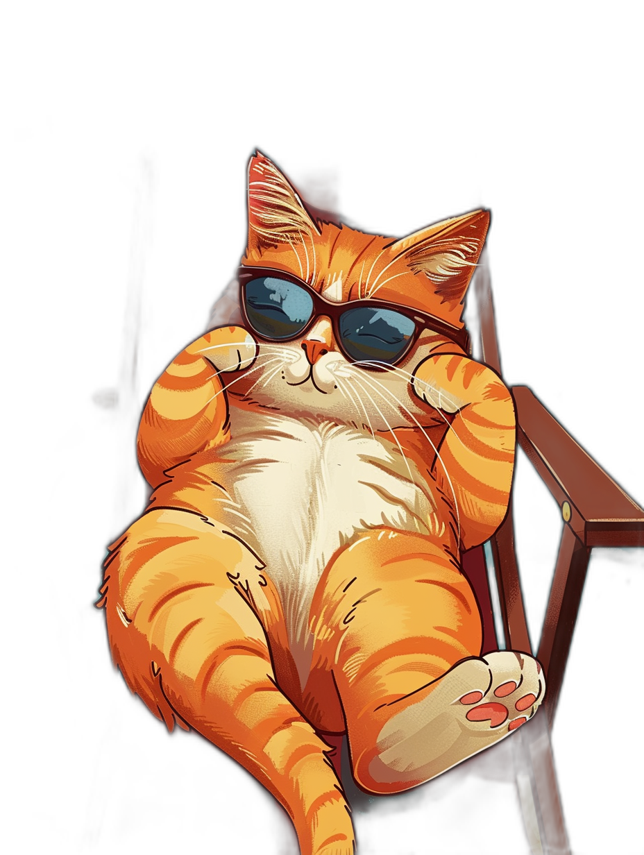 A plump orange cat wearing sunglasses is lying on the chair, with a black background and in a cartoon style. It has clear details of fur texture and is drawn in high definition, with cartoon illustrations. The cute expression captures its entire body, creating an atmosphere full of warmth. The cat is depicted in the style of cartoon illustrations.