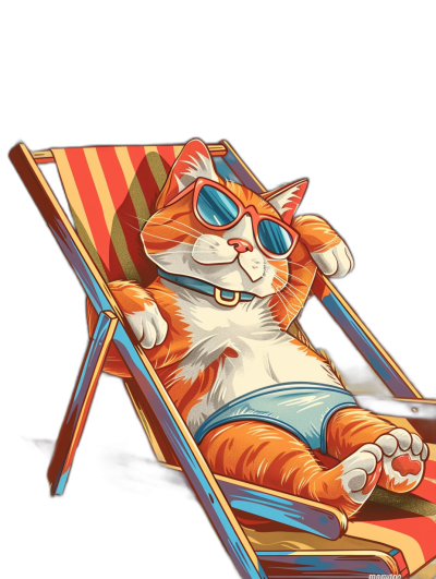 A cartoon cat lounging on a beach chair with sunglasses, wearing blue shorts in the style of a vector illustration. The illustration has a black background with a colorful cartoon cat design using simple lines and bright colors in a flat design style. The character design is detailed with high resolution and professional quality. The logo is on the right side of the cat's chest and neck. It's an orange tabby striped cat lying in his deckchair under the shade of a tree, basking in the sun while sipping a cold drink.