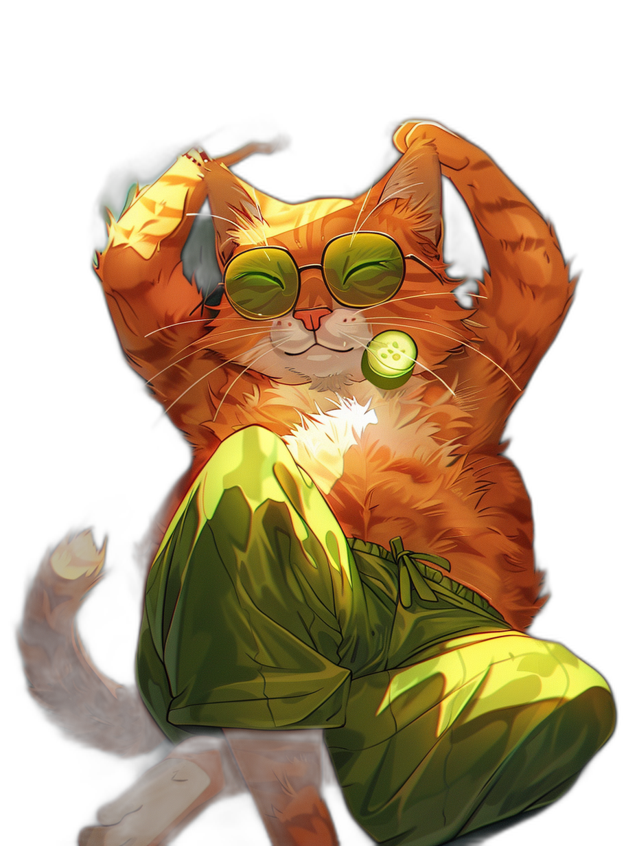 A ginger cat wearing sunglasses and green pants, sitting on the floor with one leg up in the air while eating cucumber and rambutan, black background, in the style of anime.