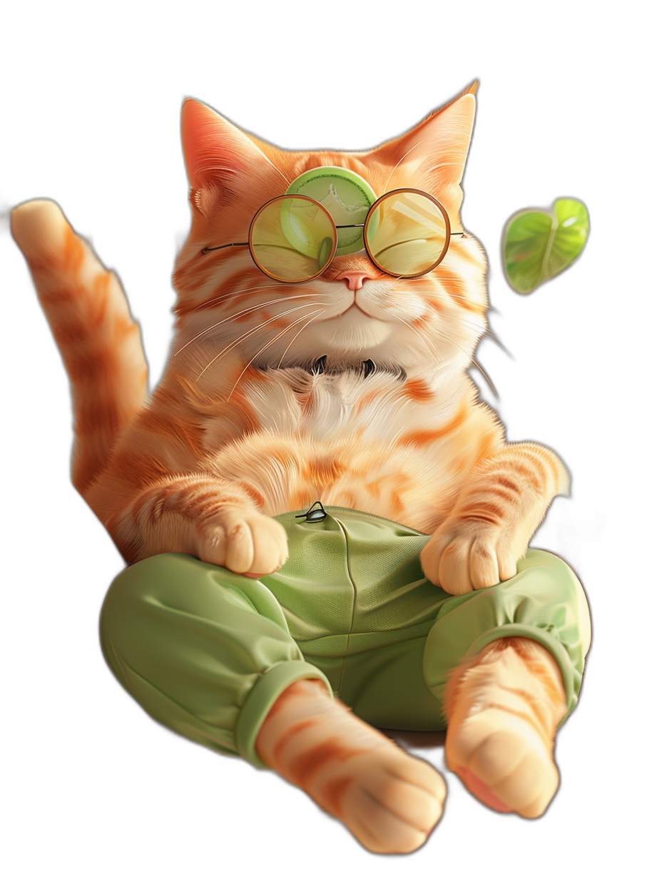 digital art of cute and fat orange cat , wearing green baggy pants with sunglasses, sitting on the floor doing yoga warrior pose , black background , minimal style , chill happy smile expression , soft-focused realism digital painting in a whimsical fantasy theme , playful character designs