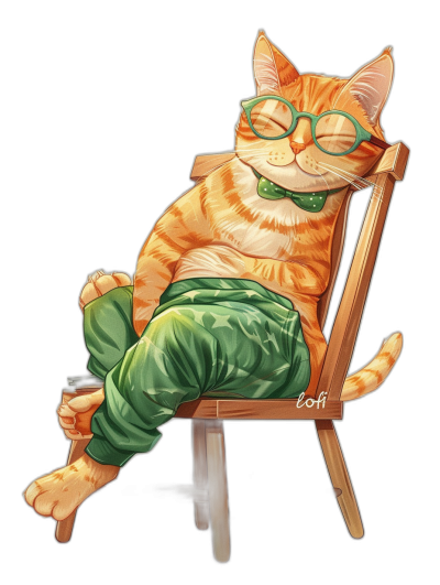 A cartoon illustration of an orange cat wearing green pants and glasses lounging in the chair, cute, adorable, black background, t-shirt design in the style of "tof" on artstation, vector artwork, high contrast shading, sticker style clipart.