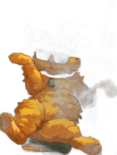 digital art of an orange cat sitting on the floor with his back to us and looking up at you in anger, pointing one finger upwards, green eyes, in the style of cartoon, 2d game art, dark background, black outline, yellow fur