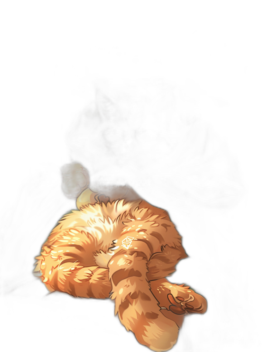 A golden doodle sleeping in the dark, cute anime style, cartoon, digital art, simple, minimalistic, black background, strong backlighting, warm tones, and soft lighting. The light casts gentle shadows on its fur, creating an atmosphere of tranquility and warmth.