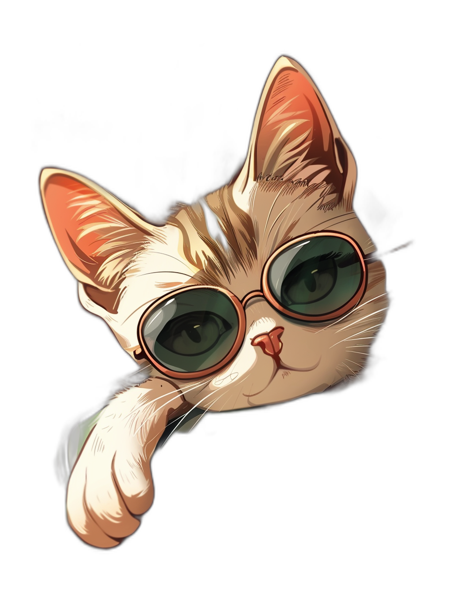 A cute cat wearing sunglasses, peeking around the edge of a black background and pointing with its paw, in the style of a vector illustration art style, high quality, t-shirt design graphic, colorful, vintage color tone.