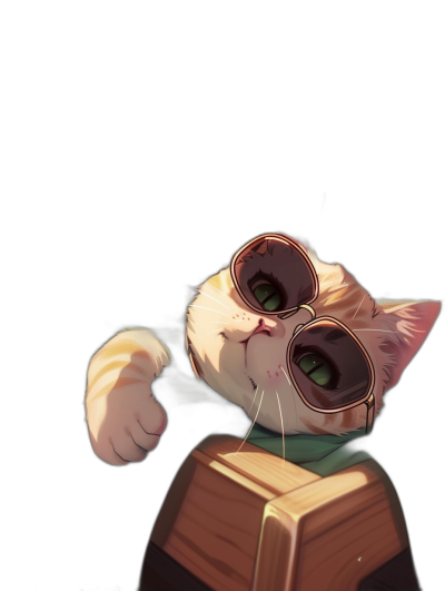 A cute cat with green eyes and sunglasses is reading an open book, pointing forward at the viewer, against a black background, in the style of [Studio Ghibli](https://goo.gl/search?artist%20Studio%20Ghibli) anime, digital art.