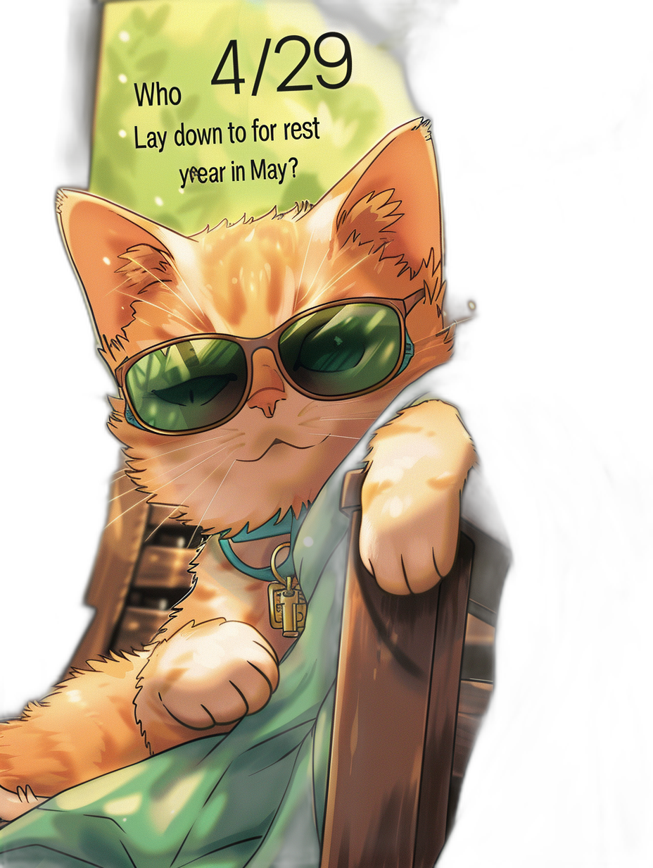 A cute orange cat wearing green sunglasses is sitting on the back of an office chair, with “Who lay down to rest for one year in May?” written above it. The background has text that says “4/29” and there’s also another message saying “May”, all depicted in anime style.