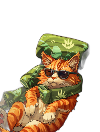 A cartoon cat wearing sunglasses lounging on an armchair, cannabis themed, black background, in the style of vector art, green and orange color palette, high contrast.