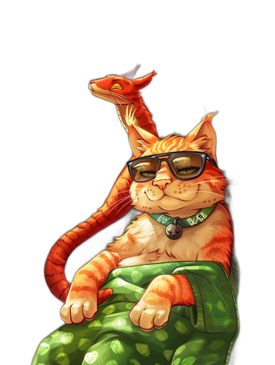 digital art of cool and fat orange cat , the kitten is wearing sunglasses with green sc Matrix patterned shirt, holding cute red Chinese dragon in his hand , black background , minimalist style