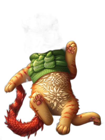 A cute orange cat lying on its back, with red dragon feet stepping on the chest of an anthropomorphic green sweater-wearing man in the style of digital art, with a black background, a full body portrait in a front view, fantasy elements, warm and bright colors, strong contrast between light and dark, ultra-high definition details, and textured skin.