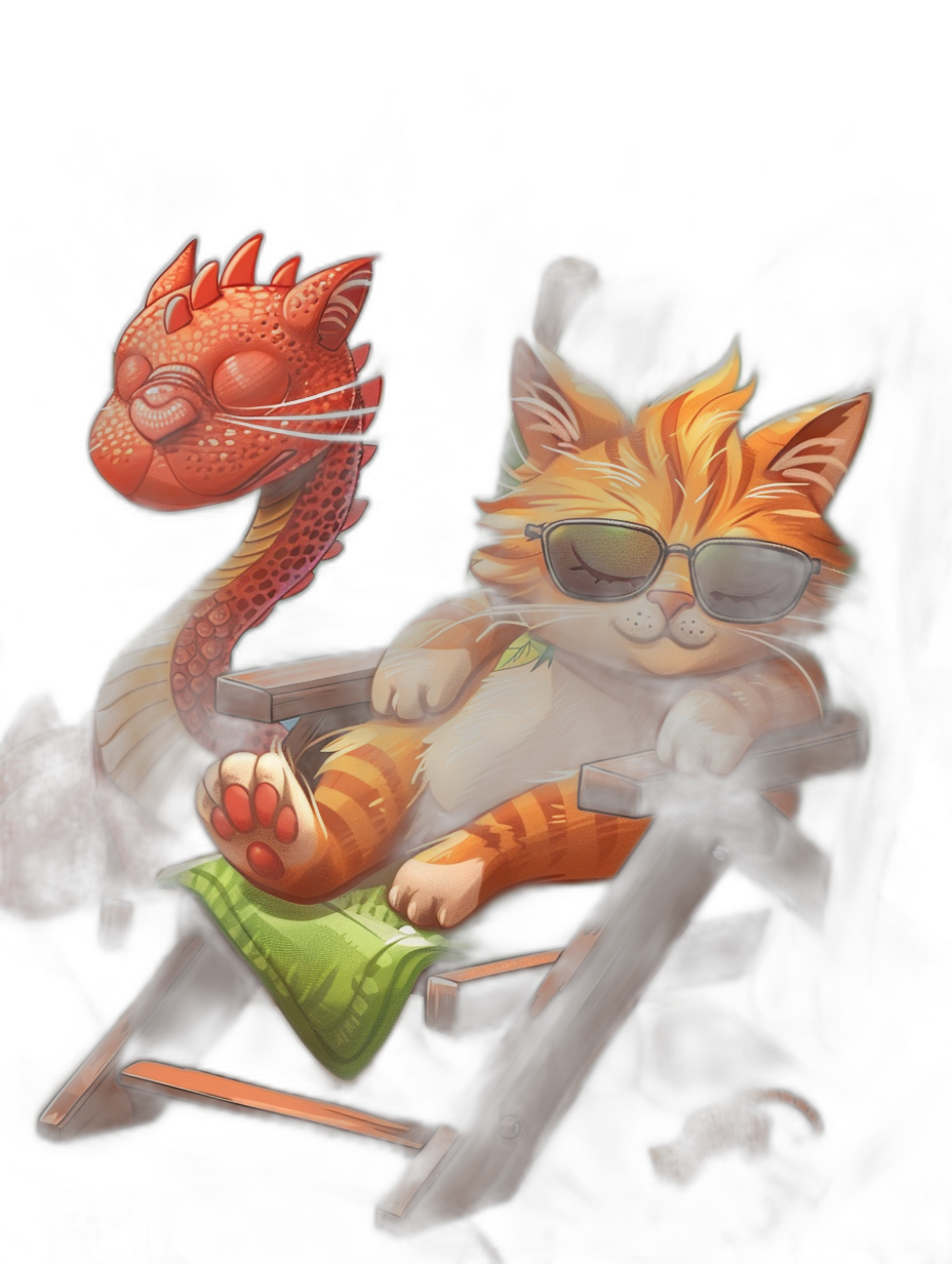 digital art of cool fat orange cat and cute red dragon, wearing sunglasses , laying on the wood chair with green towel , black background , chilling happy in summer vibes