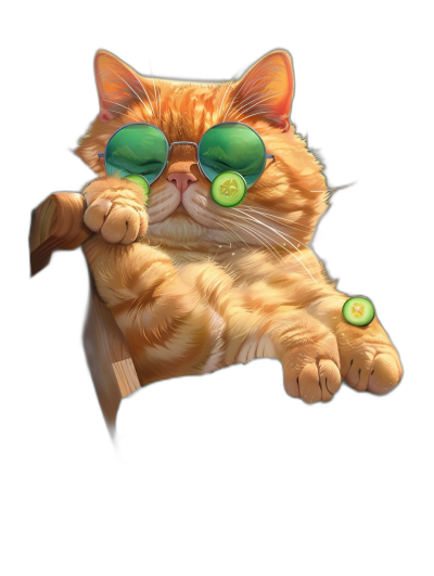 digital art of cute and fat orange cat , wearing sunglasses with green lens, holding cucumber in the hand to cool off , black background , chill vibes