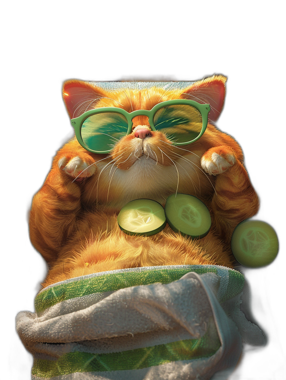 a realistic illustration of an orange cat wearing green glasses and sitting on top of the backside with his hands holding cucumber slices to cool down, in front is towel for spa treatment, black background, full body portrait, eye-catching composition, bright colors, high resolution