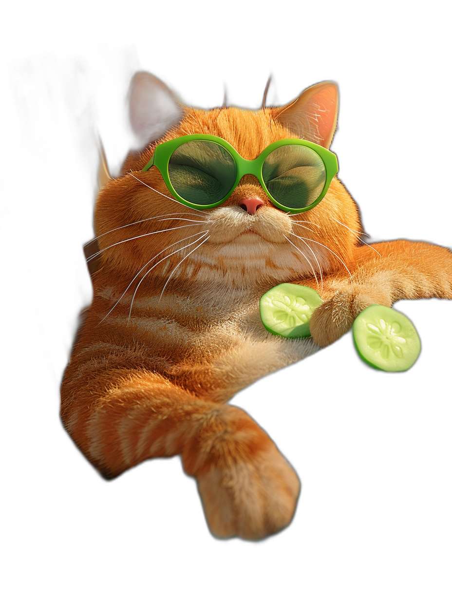 ginger cat wearing green sunglasses lounging with cucumber slices, black background, hyper realistic photography