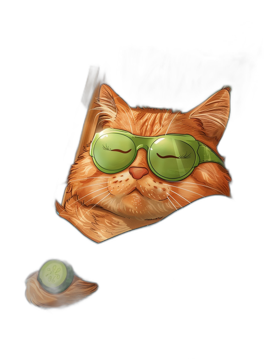 A cartoon illustration of an orange cat wearing green sunglasses sleeping on a cover with a cucumber in its mouth, against a black background, in the style of a t-shirt design, with high resolution and sharp details.