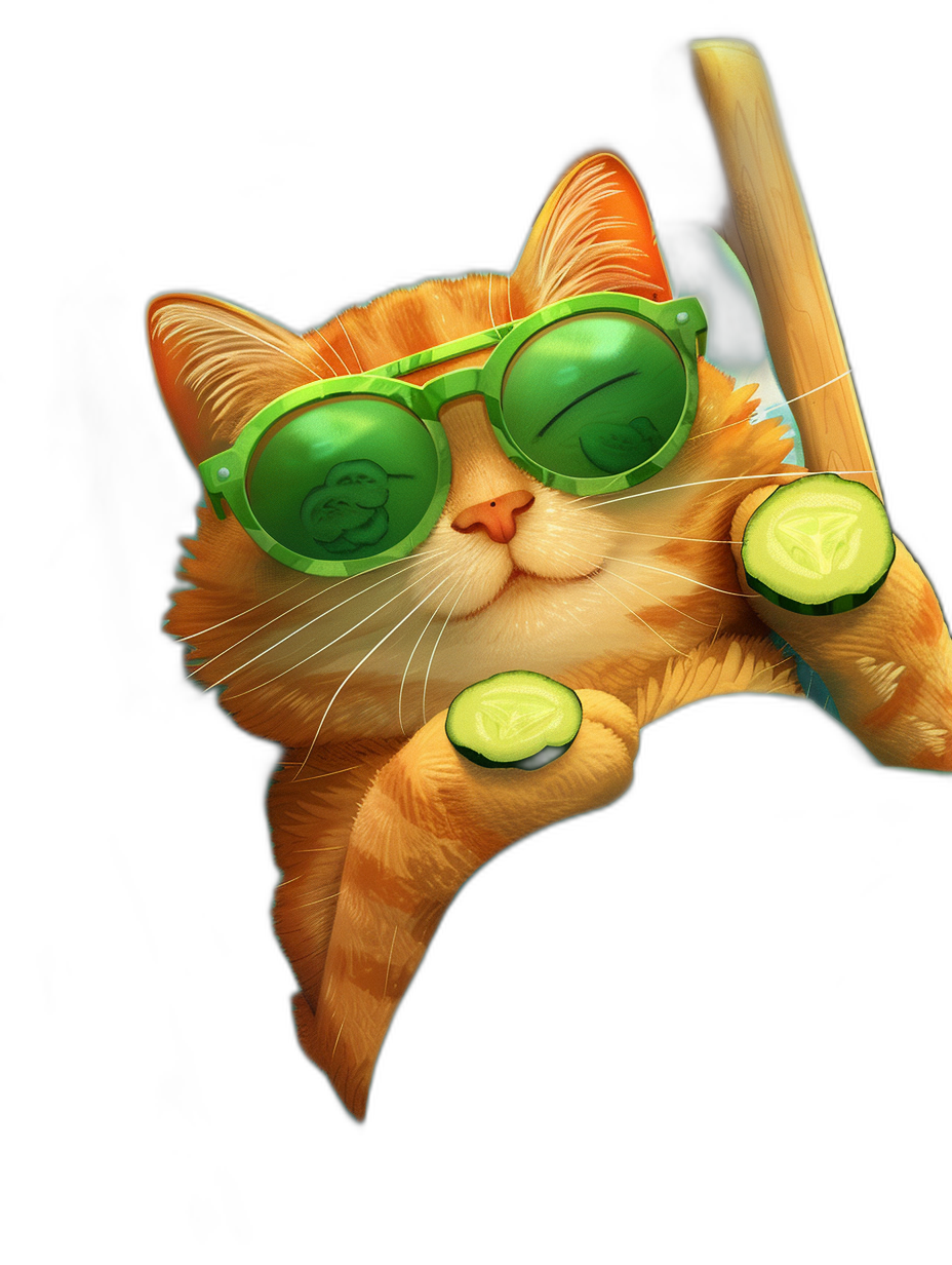 A happy orange cat with green sunglasses hanging on the edge of an oar, cucumber in mouth, in the style of cartoon, isolated on a black background, hyper realistic and detailed.