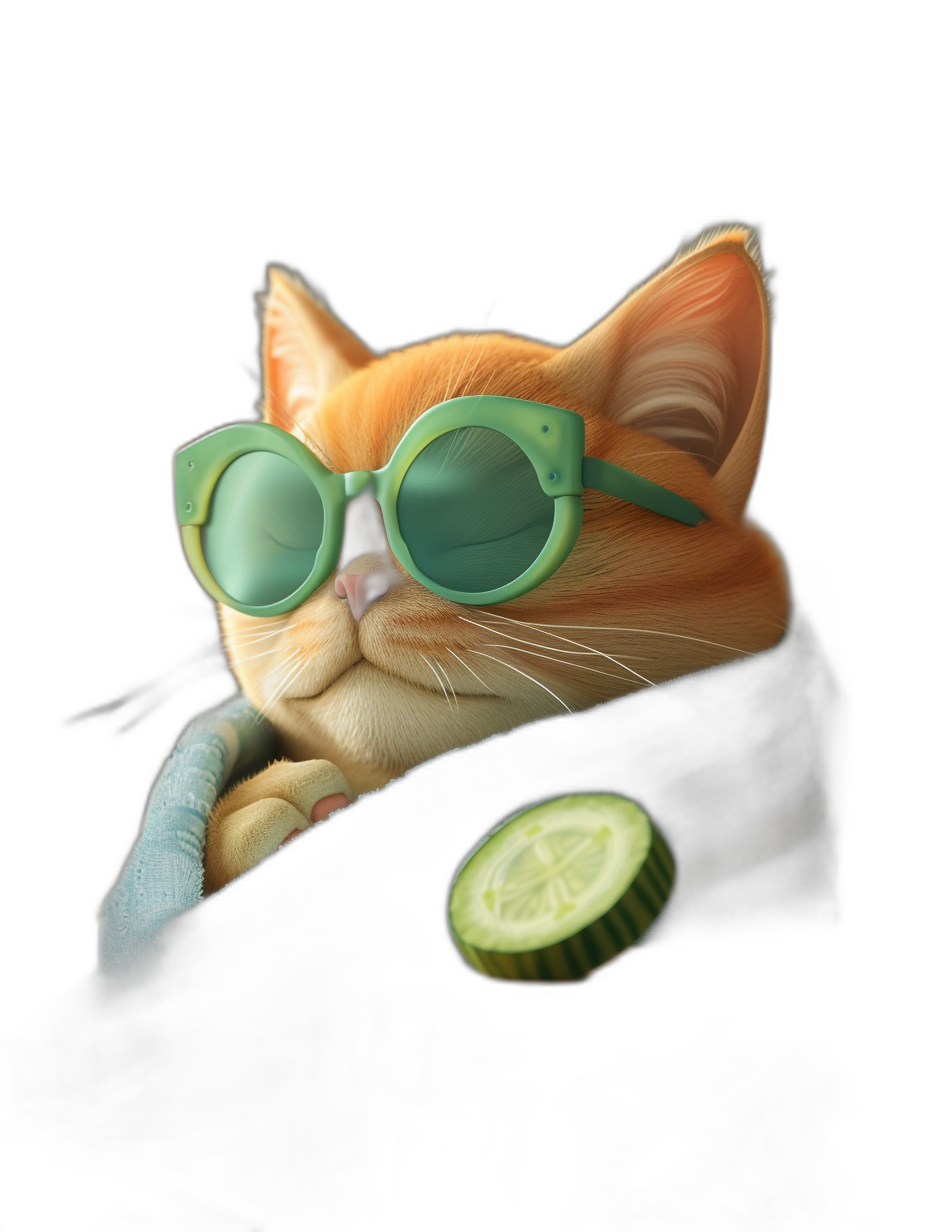 digital art of a cute kitten, wearing sunglasses and a towel, with cucumbers on its eyes against a black background, in the minimal style, looking chill and funny