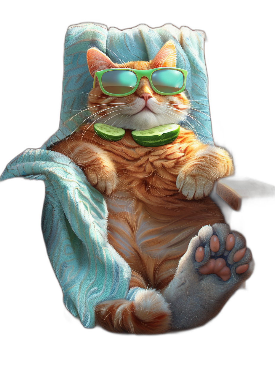 digital art of cute and fat orange cat wearing sunglasses , the belly is full with cucumber, sitting on spa chair , covered by white towel , black background , chill vibe , relaxed pose