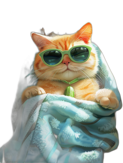 digital art of cute and fat orange cat , wearing green sunglasses, holding blanket with pastel blue color , black background , chill expression , in the morning light , cinematic lighting ,