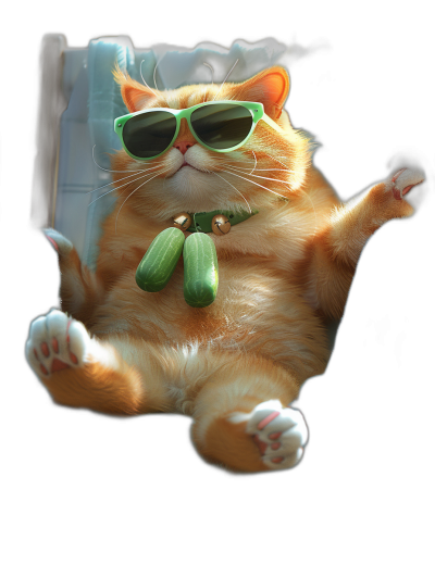 A fat ginger cat with sunglasses, holding two green zucchini in its paws and lying on the sunbed against a black background, hyper realistic game item artwork in the style of game item artwork.