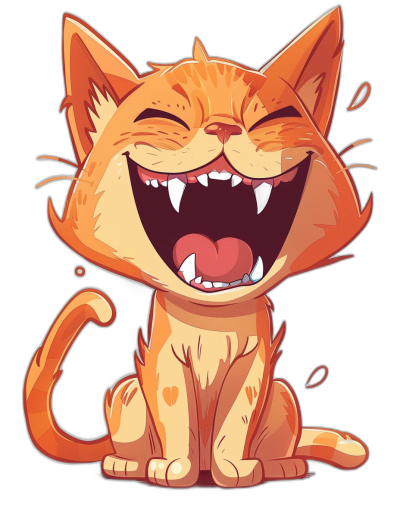 A cute cartoon cat laughing with teeth, in the style of vector art, isolated on a black background, in a flat design style with high contrast colors, a digital illustration created with vector graphics in Adobe Illustrator.