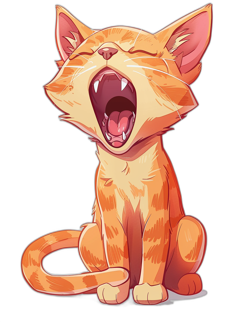 vector art, cute cat laughing and yawning, cartoon style, in the style of vector t-shirt design on black background, high resolution