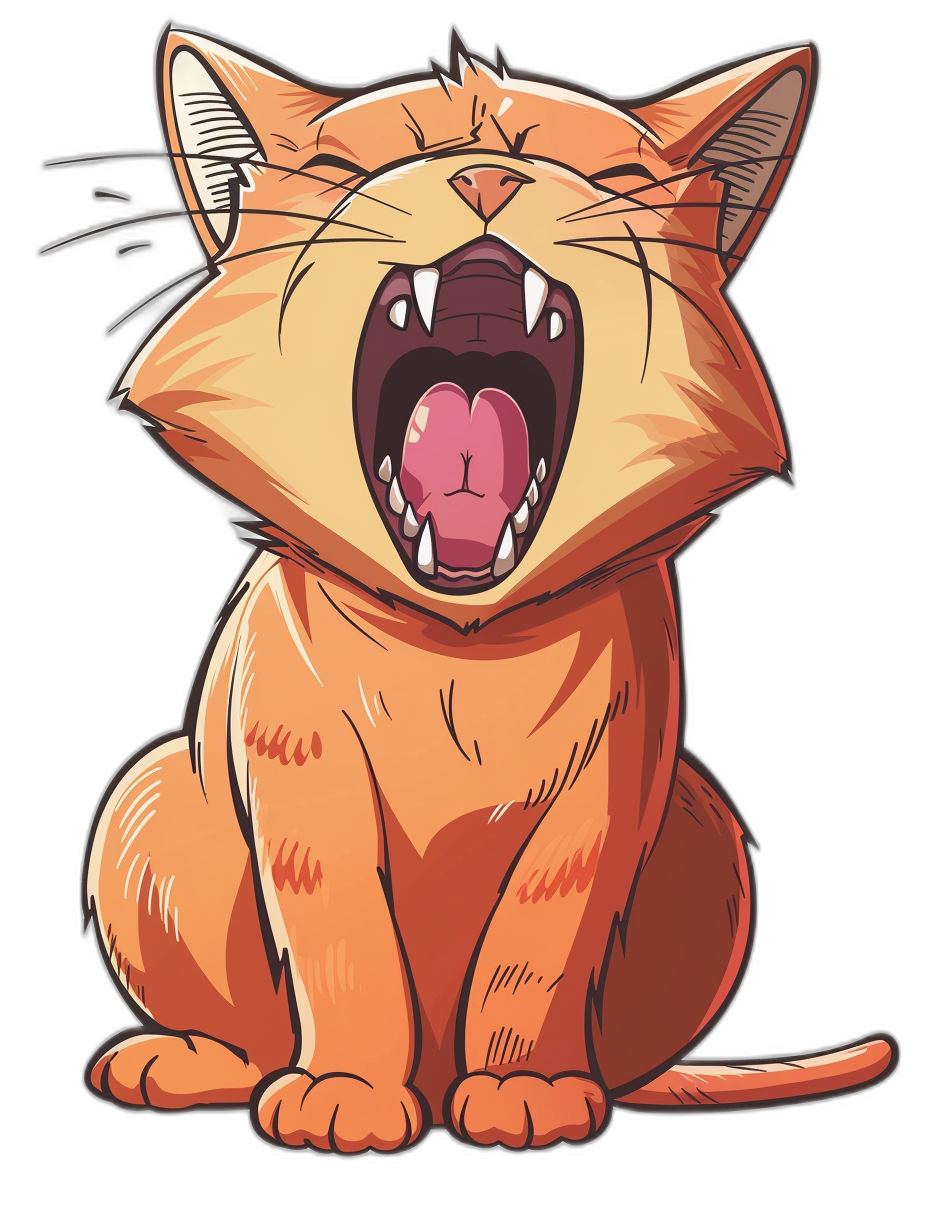 a cartoon cat with its mouth open and tongue out, vector art style, isolated on black background, high resolution, high quality vector graphics illustration