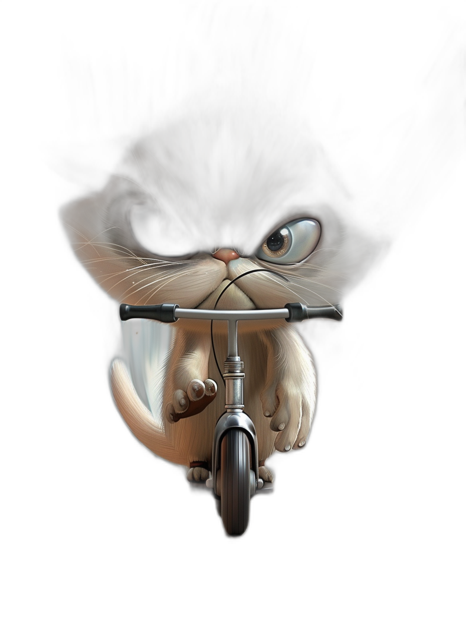 angry, cute cat on an e-bike, in the style of [Tiago Hoisel](https://goo.gl/search?artist%20Tiago%20Hoisel), caricature-like, playful caricatures, high resolution, graphic style, black background