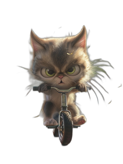 Cute cat riding scooter, 3D rendering in the style of cartoon, black background, front view, cute expression, big eyes, small paws on the handlebar of the bike, fluffy fur texture, soft lighting, playful mood.