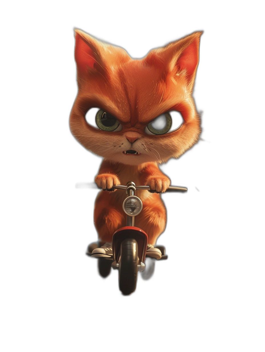 front view of an angry cute ginger cat with big eyes, riding on the back end of a red motorcycle, in the style of cartoon, in the style of Disney Pixar illustration, black background, simple design, cute character, cute scene, high resolution, high quality, high detail, 3D render, 3D blender render, 45 degree angle shot