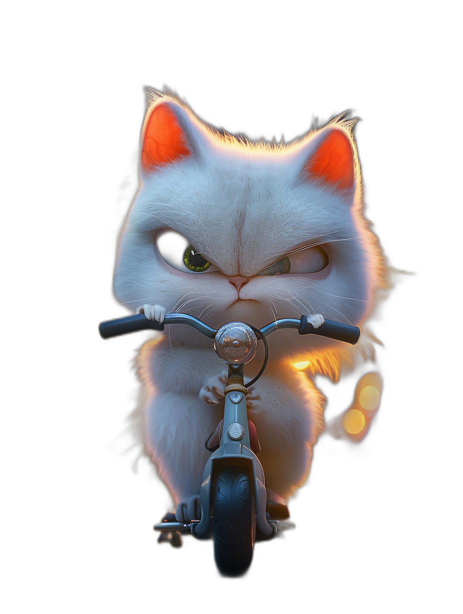 A cute white cat riding on an electric bike against a black background, in the style of Pixar, with a cartoon character design. The cat has cute and fluffy fur texture with glowing eyes and high definition details. The rendering was done with octane and features soft lighting in a close-up front view shot with a 3D effect.