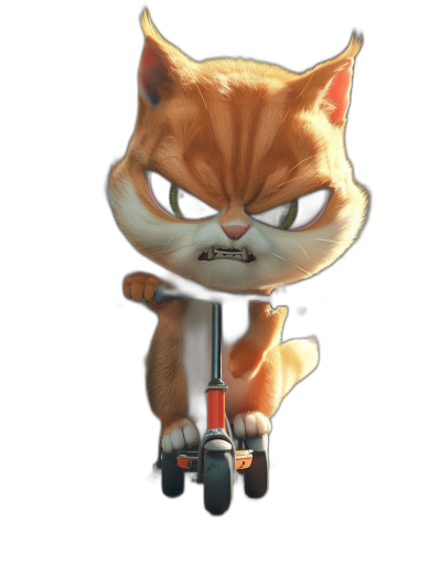 angry cute cat on scooter in the style of Pixar, cartoon character, black background, high resolution, high quality