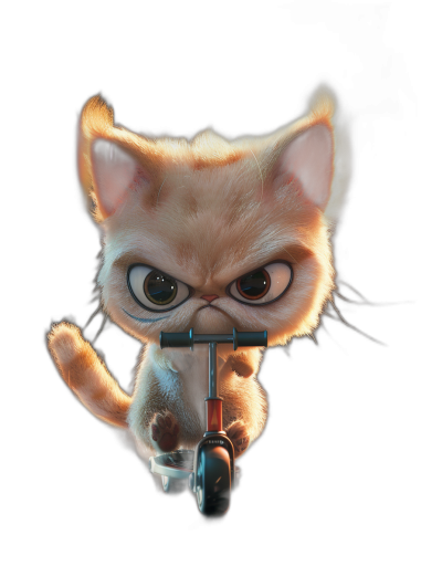 Character design of a cute cat with big eyes, riding a scooter, on a black background, concept art in the style of Pixar and Disney, cinematic lighting, rendered in Octane.