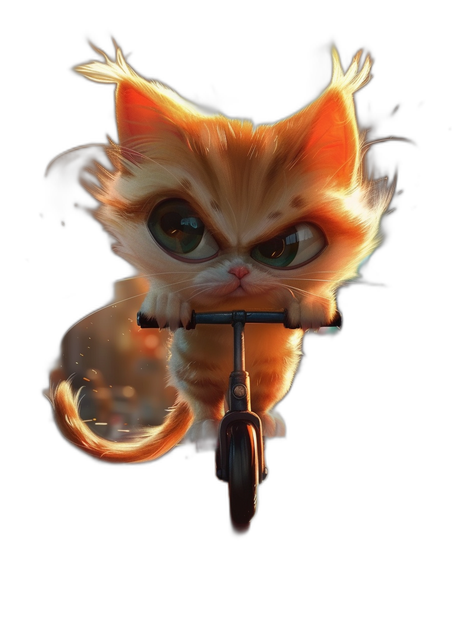 cute chibi cat on scooter, digital art in the style of Exaggerated expressions and exaggerated movements, black background, Pixar style, zBrush central contest winner, cute cartoon character design with orange fur and big eyes, furry game rendering, long tail, glowing white hair