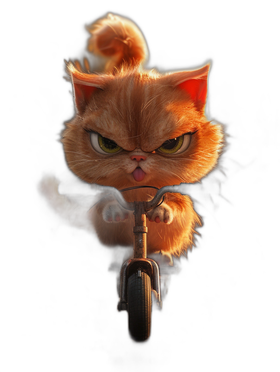 grumpy orange cat riding on a tricycle with an angry face, in the style of Pixar, on a black background, shot with a high resolution digital camera