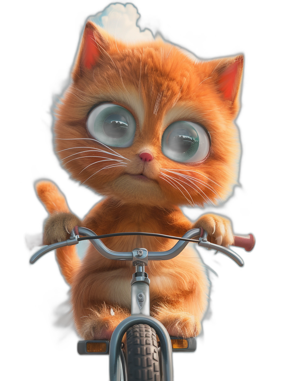 3D render of a cute ginger cat with big eyes riding a bicycle against a black background, in the style of Pixar.