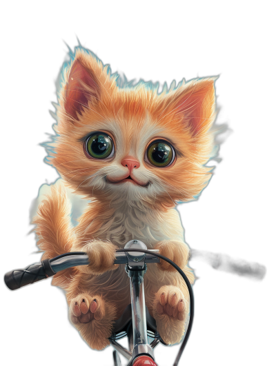 Cute orange kitten with big eyes sitting on the handlebar of bicycle, isolated black background, digital art by Disney Pixar studio, soft light colors, adorable and dreamy mood, digital airbrush painting, hyper detailed