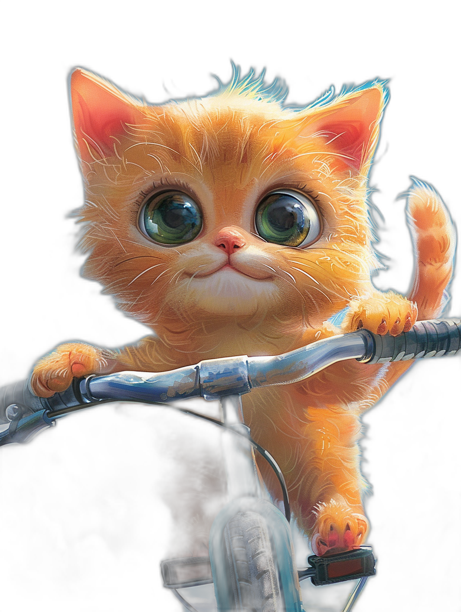 A cute orange cat with big eyes sitting on the handlebar of a bicycle, black background, digital art in the style of [Krenz Cushart](https://goo.gl/search?artist%20Krenz%20Cushart) and in the style of [Thomas Kinkade](https://goo.gl/search?artist%20Thomas%20Kinkade), detailed face, portrait, realism, concept character design, concept art for animation