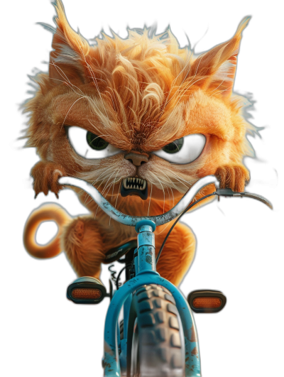 A cute orange cat with an angry expression, riding on the front of a bicycle, with a blue and black background, black eyes, fluffy hair, in the style of a furry art style, taken from a long shot, with high detail, lit as if in a movie, rendered with octane rendering, and designed as a 3D character.