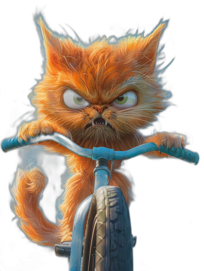 3D render of an angry orange cat riding on the front wheel of a blue bicycle with two wheels and no rear brick, against a black background, with cute, fluffy fur and big expressive eyes in the style of a Pixar character design. Vibrant colors, high resolution, high detail, high contrast, smooth textures highlight the adorable feline features in dynamic lighting and sharp focus.