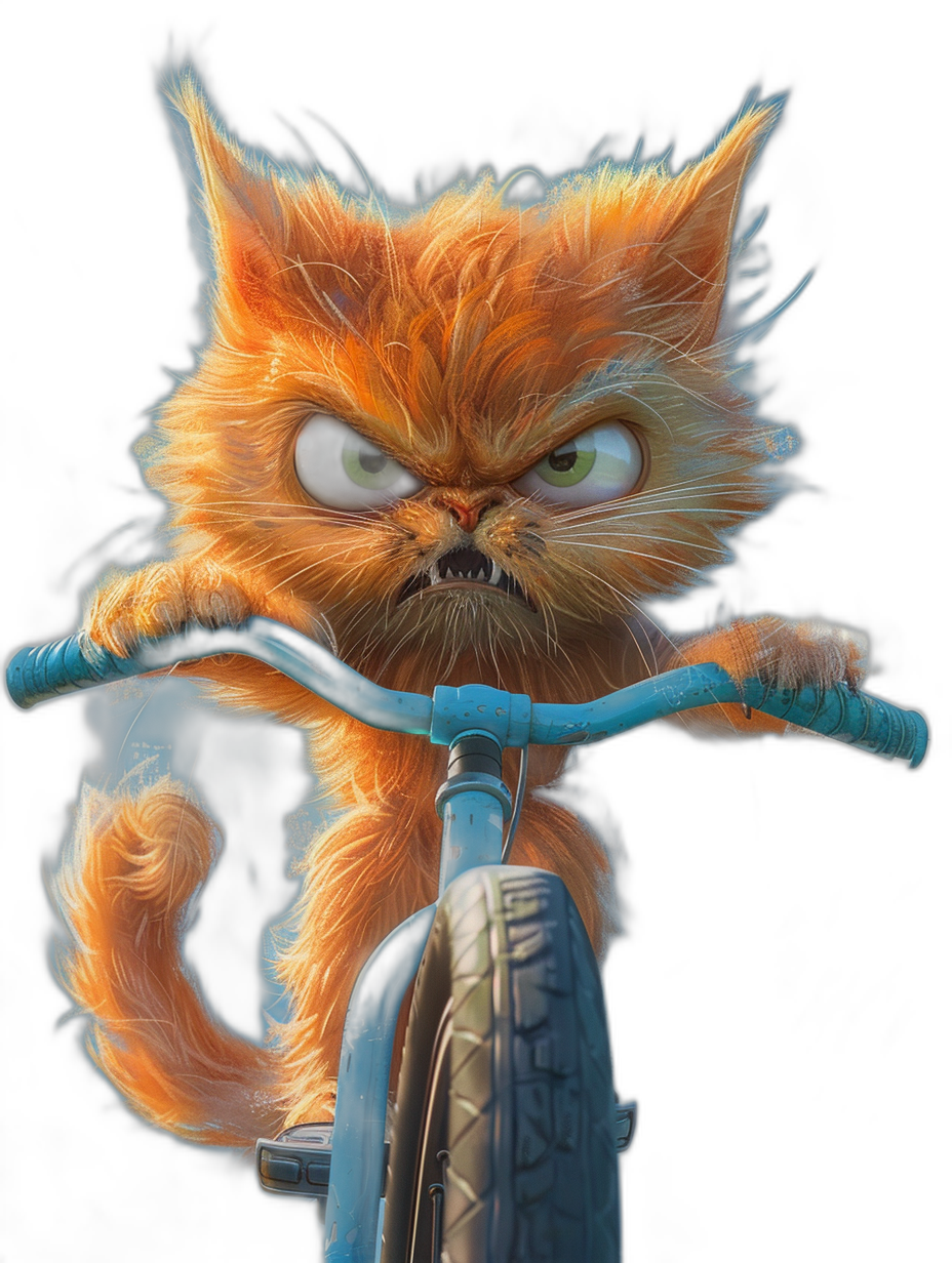 3D render of an angry orange cat riding on the front wheel of a blue bicycle with two wheels and no rear brick, against a black background, with cute, fluffy fur and big expressive eyes in the style of a Pixar character design. Vibrant colors, high resolution, high detail, high contrast, smooth textures highlight the adorable feline features in dynamic lighting and sharp focus.