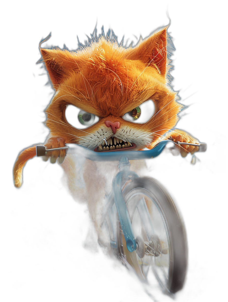 A cute orange cat riding on the front of a blue bicycle, with an angry expression, against a dark background, in the style of Pixar, on a black background, as high definition, high resolution digital art.